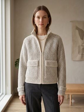 YAYA Women Cream Geometric Pattern Zip-Up Sweater Jacket - Medium